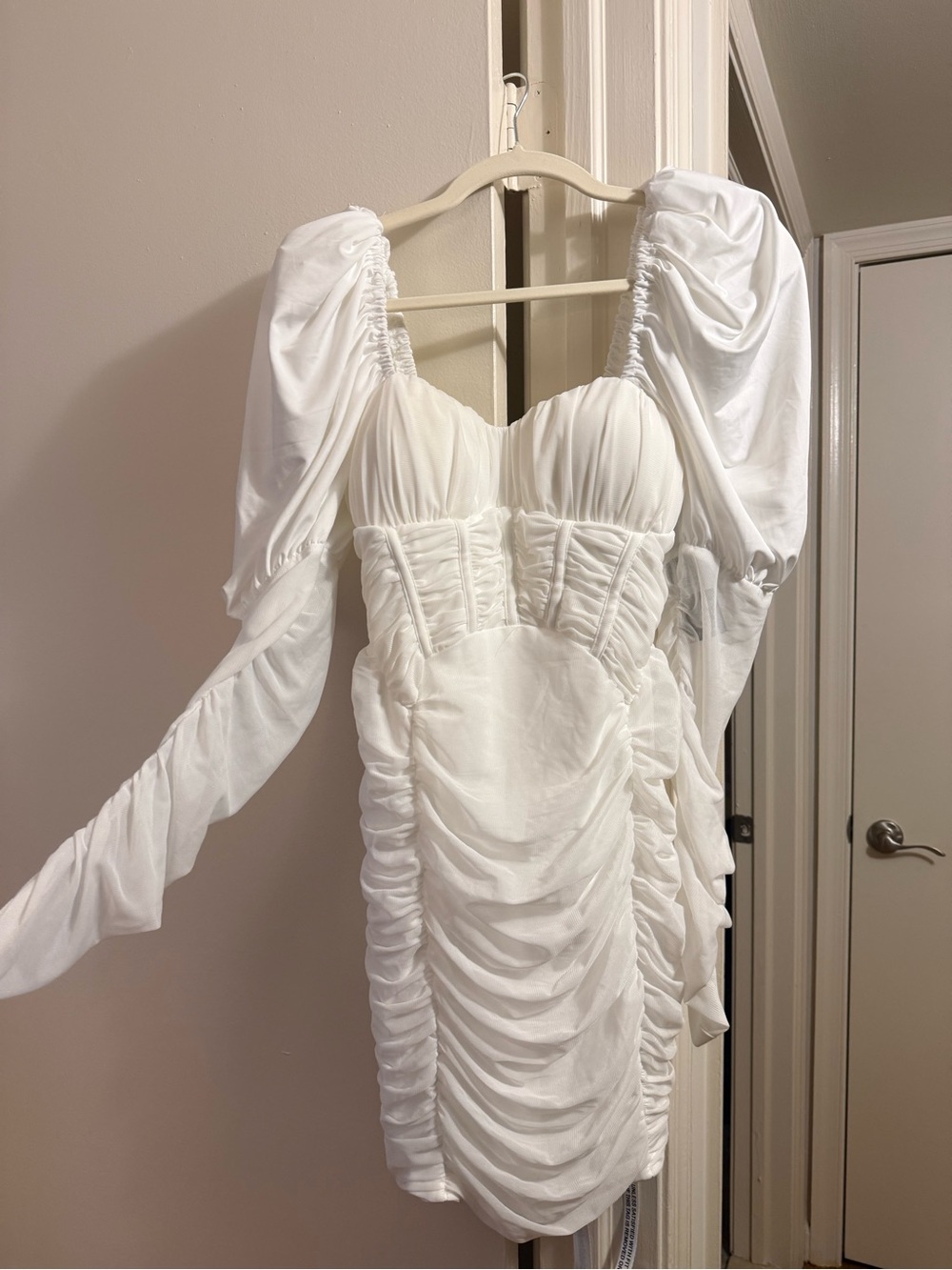 White Ruched Long-Sleeve Mini Dress with Puff Shoulders
